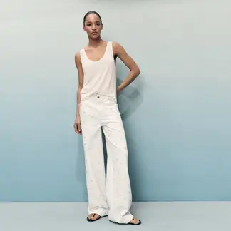 MANGO - Jean Wide leg Mujer Tiro medio con Bordado