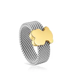 TOUS - Anillo grande de acero con oso de oro 14 kt Icon Mesh