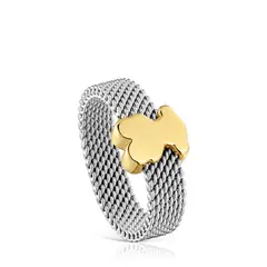 TOUS - Anillo mediano de acero con oso de oro 14 kt Icon Mesh
