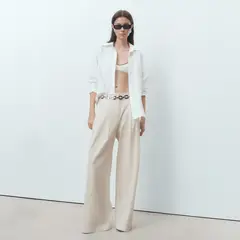 MANGO - Pantalón Wide leg Mujer Tiro medio de Rayas