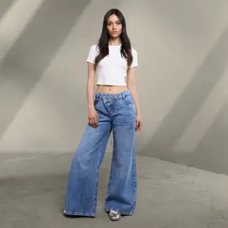SYBILLA - Jean Super Wide leg Mujer Tiro bajo Pretina cruzada