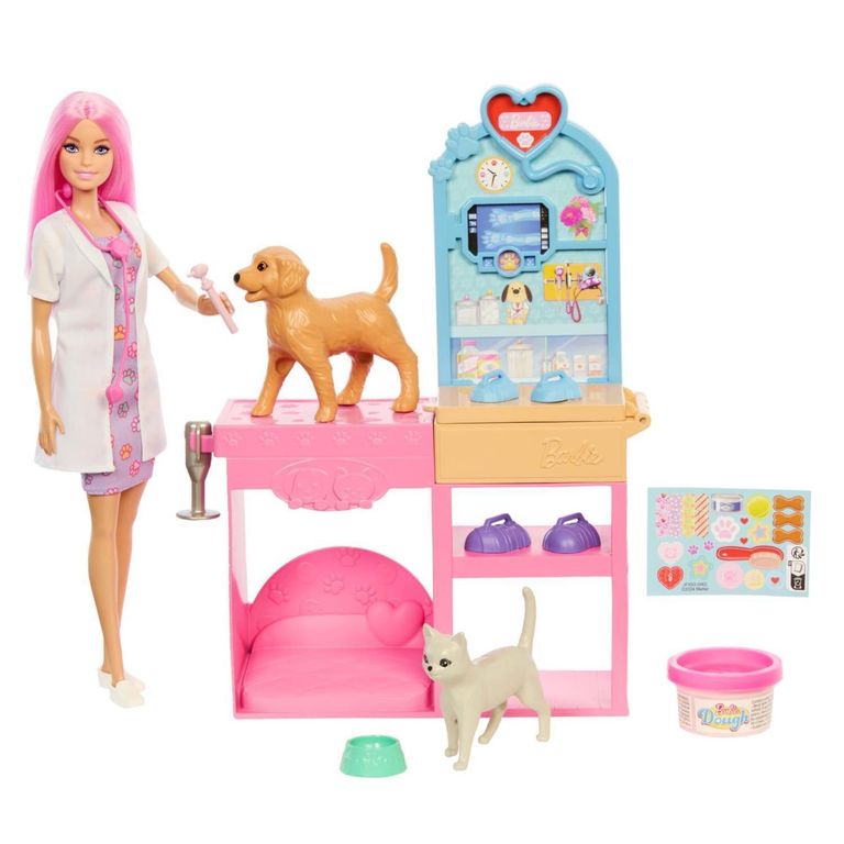 Veterinaria Profesiones, Muñeca Articulada con Mascotas y Accesorios de Clínica, Juguete para Niñas de 4 Años en Adelante