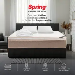 COLCHONES SPRING - Colchón Spring King Firmeza Suave Ortopédico Resortado Nativo 200 x 200 cm + 2 Almohadas + Protector