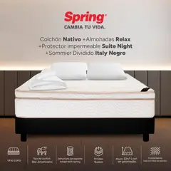 COLCHONES SPRING - Colchon con base cama Queen Firmeza Suave Resortes Pocket NATIVO 160 cm x Colchón+ Protector + Almohada