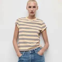 MANGO - Camiseta Mujer de Rayas Manga corta de Algodón