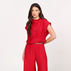 BASEMENT - Blusa Mujer Liso con Bordado Manga corta Rayon