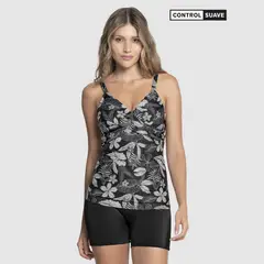 LEONISA - Vestido de baño Trikini camiseta drapeada + short con estampado