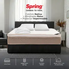 COLCHONES SPRING - Colchón Spring Queen Firmeza Suave Ortopédico Resortado Nativo 160 x 190 cm + 2 Almohadas + Protector