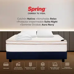 COLCHONES SPRING - Colchón Spring Queen Con Base Cama Firmeza Suave Ortopédico Resortado Nativo 160 x 190 cm + 2 Almohadas + Protector