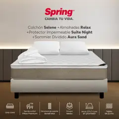 COLCHONES SPRING - Colchón Spring Queen Con Base Cama Firmeza Media Ortopédico Resortado Selene 160 x 190 cm + 2 Almohadas + Protector