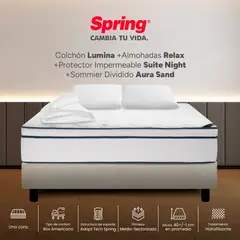 COLCHONES SPRING - Colchón Spring Queen Con Base Cama Firmeza Media Ortopédico Resortado Lumina 160 x 190 cm + 2 Almohadas + Protector