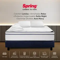 COLCHONES SPRING - Colchón Spring Queen Con Base Cama Firmeza Media Ortopédico Resortado Lumina 160 x 190 cm + 2 Almohadas + Protector
