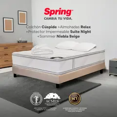COLCHONES SPRING - Colchón Spring Doble Con Base Cama Firme Espumado Cuspide 140 x 190 cm + 2 Almohadas + Protector