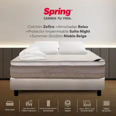 COLCHONES SPRING - Colchón Spring King Con Base Cama Firmeza Media Ortopédico Resortado Zefiro 200 x 200 cm + 2 Almohadas + Protector