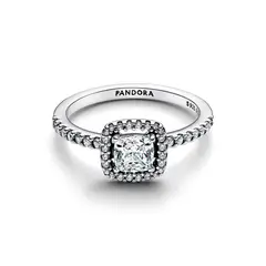 PANDORA - Anillo halo cuadrado plateado plata esterlina