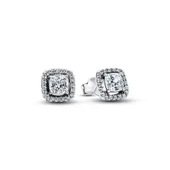 PANDORA - Aretes de botón halo cuadrado Plata Esterlina