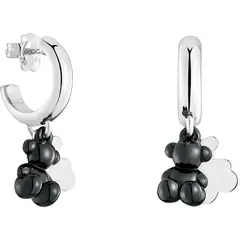 TOUS - Aretes aro de plata con cerámica negra y doble oso Bold Bear