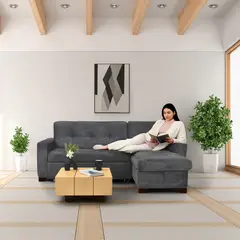 MICA - Sala con Sofa Cama en L Andes Tela Gris con Mesa Centro Vernon Miel