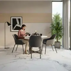 MICA - Set de Comedor Redondo Maloy Blanco con 4 Sillas Mante Tela Gris