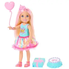 BARBIE - Chelsea Muñeca de Cumpleaños con Falda Rosa y Accesorios de Fiesta, Incluye Pastel, Globo y Regalo, Juguete para Niñas de 3 Años en Adelante