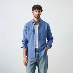 MANGO - Camisa para Hombre Liso Manga Larga de Algodón