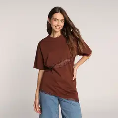 SYBILLA - Camiseta Mujer Encaje Manga corta de Algodón