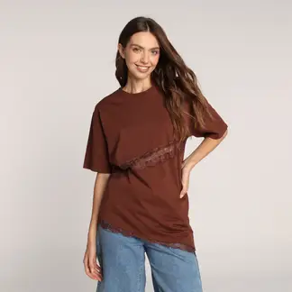 SYBILLA - Camiseta Mujer Encaje Manga corta de Algodón