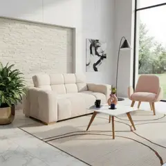 HOGAR VENECIA - Sala con Sofa Mikkeli 2 Puestos Beige Poltrona Soria Salmon y Mesa Taniz