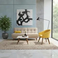 MICA - Sala con Sofa Cama Portel Beige Poltrona Siret Mostaza y Mesa Taniz