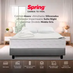 COLCHONES SPRING - Colchón Spring Azura Doble 140X190 Cm + Almohadas Siliconadas + Protector Impermeable + Base Cama Gris