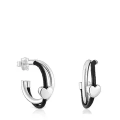 TOUS - Pendientes De Aro Bold Motif Con Motivo Corazón De Plata De Primera Ley Y Caucho Negro. Tamaño Pendientes: 24 Mm. Cierre Presión.