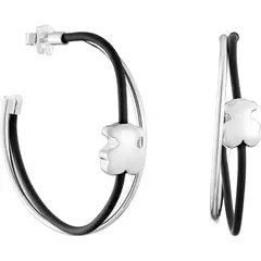 TOUS - Pendientes de aro Bold Motif con motivo oso de plata de primera ley y caucho negro. Tamaño pendientes: 45 mm. Cierre presión.