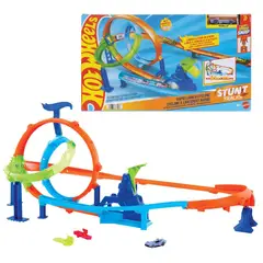 HOT WHEELS - Action Pista Acrobacias “Lanza y Choca”, circuito portátil con lanzador y choques, diversión y acrobacias para niños desde 4 años