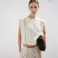 MANGO - Blusa Mujer con Bordado Sin mangas de Algodón
