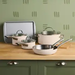 FARBERWARE - Juego de ollas 9 pzs acero inox + 5 utensilios. Apta para inducción. Luster