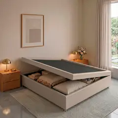 EKONOMODO COLOMBIA - Base Cama Baúl Doble 140x190 Madera Pino Tela Premium Taupe
