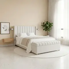EKONOMODO COLOMBIA - Colchón 1 Pillow Con Base Cama + Espaldar y Puff Baul Con Almacenamiento Doble 140x190 Julieta En Madera Pino Con Tela Premium Blanco