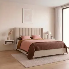 EKONOMODO COLOMBIA - Combo Base Cama y Espaldar Queen 160x190 Julieta En Madera Pino Con Tela Premium Beige