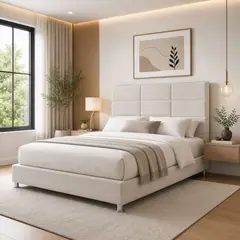 EKONOMODO COLOMBIA - Combo Base Cama y Espaldar Queen 160x190 Delhi En Madera Pino Con Tela Premium Beige
