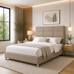 EKONOMODO COLOMBIA - Combo Base Cama y Espaldar Queen 160x190 Delhi En Madera Pino Con Tela Premium Taupe