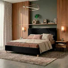 EKONOMODO COLOMBIA - Combo Base Cama y Espaldar Doble 140x190 Hampton En Madera Pino Con Tela Premium Negro