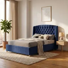 EKONOMODO COLOMBIA - Combo Base Cama y Espaldar Doble 140x190 Italia En Madera Pino Con Tela Premium Azul