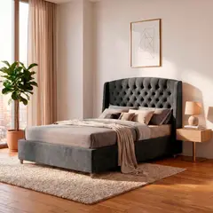 EKONOMODO COLOMBIA - Combo Base Cama y Espaldar Queen 160x190 Italia En Madera Pino Con Tela Premium Gris Plomo