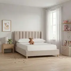 EKONOMODO COLOMBIA - Combo Infantil Base Cama y Espaldar Semidoble 120x190 Bony En Madera Pino Con Tela Premium Taupe