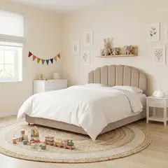 EKONOMODO COLOMBIA - Combo Infantil Base Cama y Espaldar Semidoble 120x190 Coral En Madera Pino Con Tela Premium Taupe