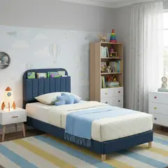 EKONOMODO COLOMBIA - Combo Infantil Base Cama y Espaldar Sencillo 100x190 Fenix En Madera Pino Con Tela Premium Azul