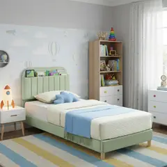 EKONOMODO COLOMBIA - Combo Infantil Base Cama y Espaldar Semidoble 120x190 Fenix En Madera Pino Con Tela Premium Verde