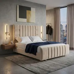 EKONOMODO COLOMBIA - Cama King 200x200 Fiora En Madera Pino Con Tela Premium Beige