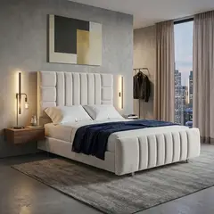 EKONOMODO COLOMBIA - Cama King 200x200 Fiora En Madera Pino Con Tela Premium Blanco