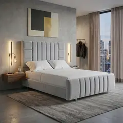 EKONOMODO COLOMBIA - Cama King 200x200 Fiora En Madera Pino Con Tela Premium Gris Perla